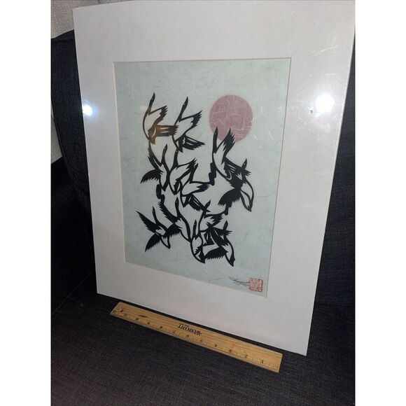 Signed & Matted Japanese Paper Cut Birds - Asian Influence - Red Dot Japan Flag - Picture 1 of 4
